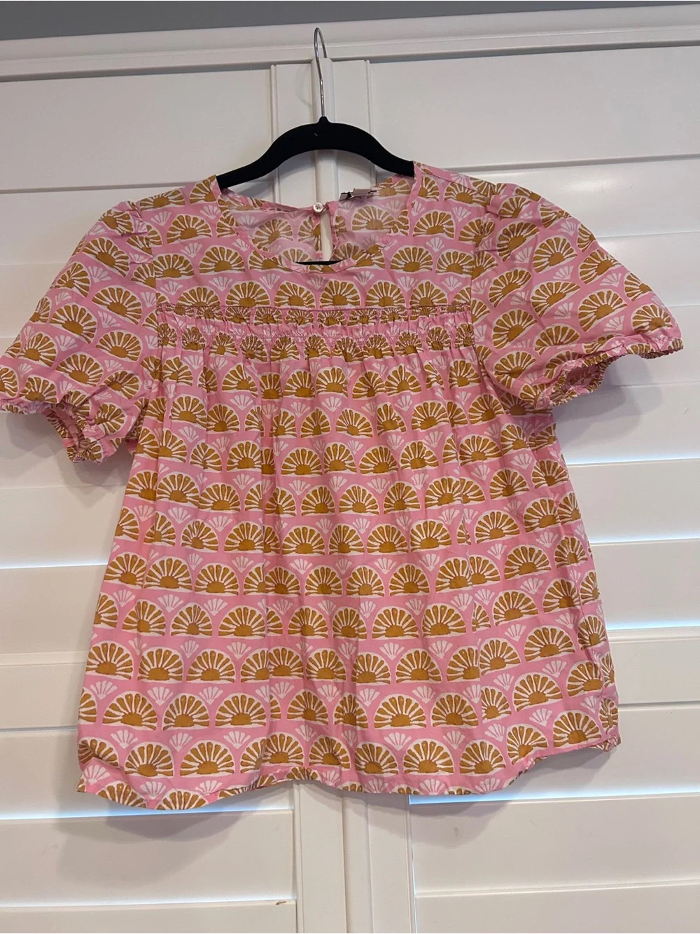 J. Crew Pink Top with Gold Fan Print and Smocked Yoke